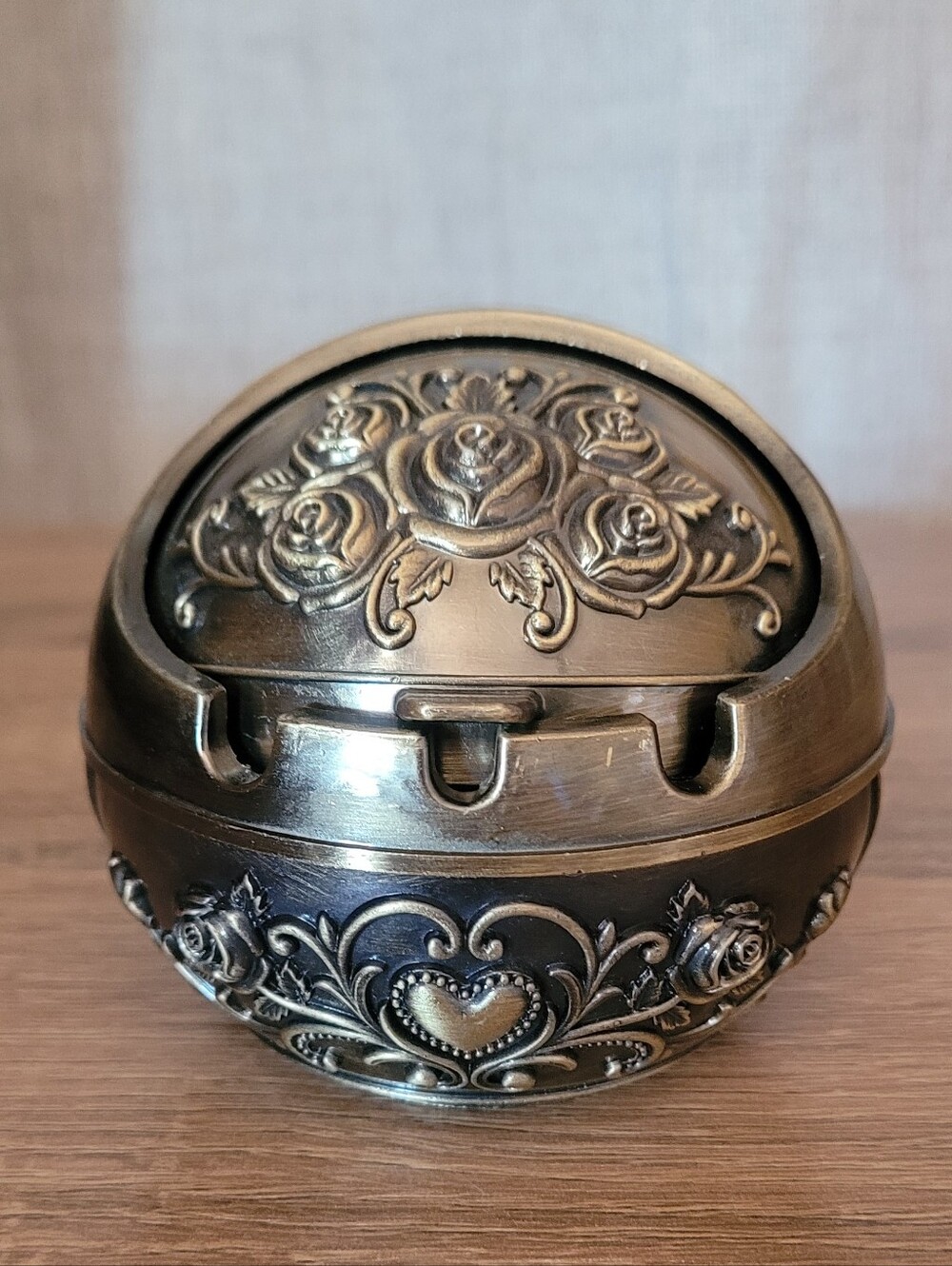Ornate Floral Brass Toned Ashtray - Rose & Heart Design Trinket Box Decor
